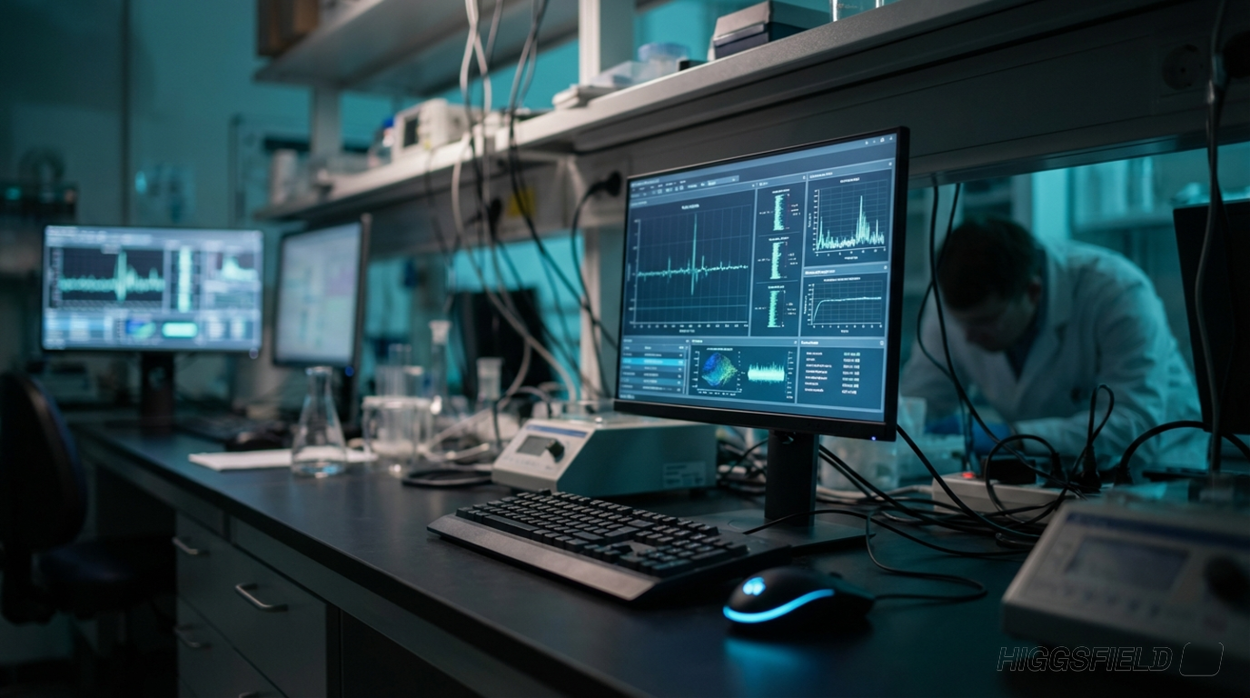 Research laboratory with data visualization screens for computational biology and genomics work
