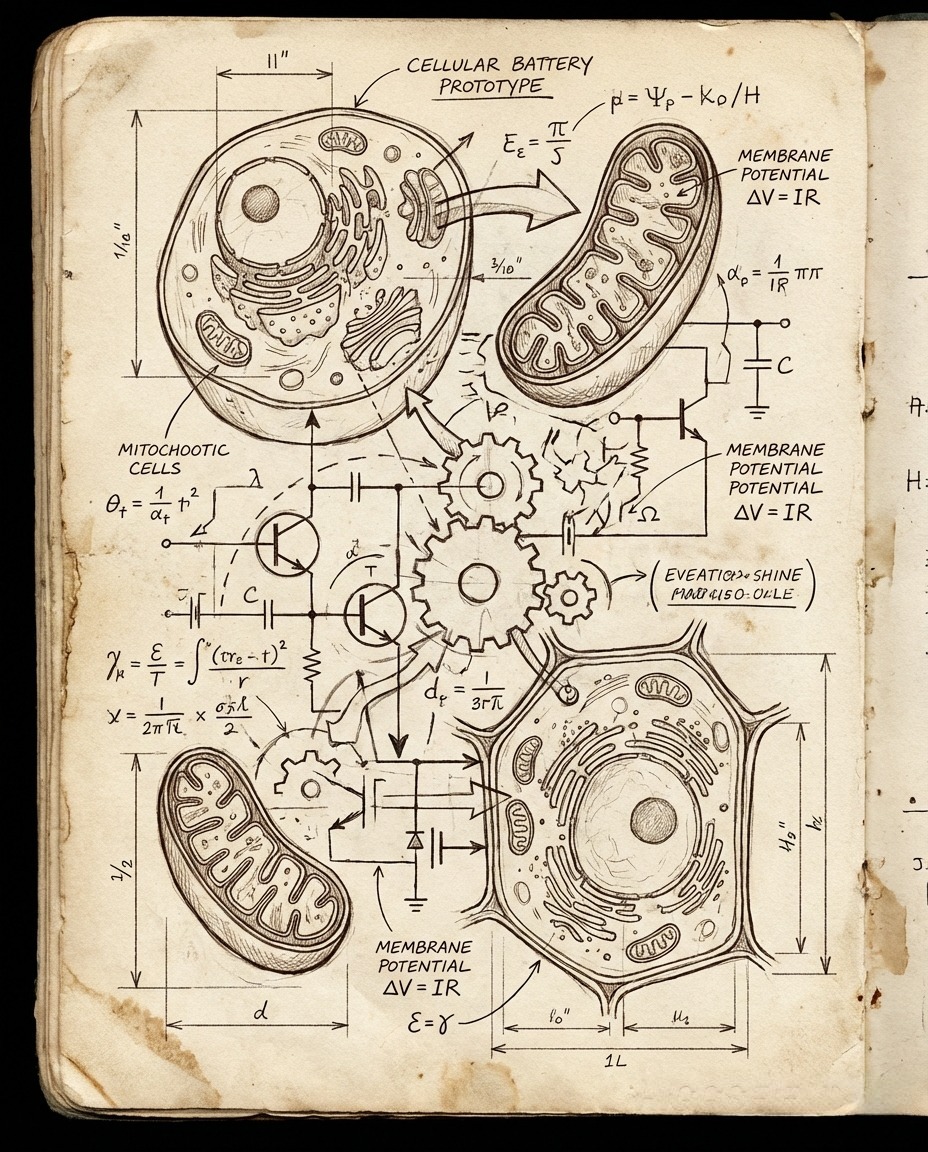 Hand-drawn scientific schematic combining biological cell structures and engineering diagrams on aged paper