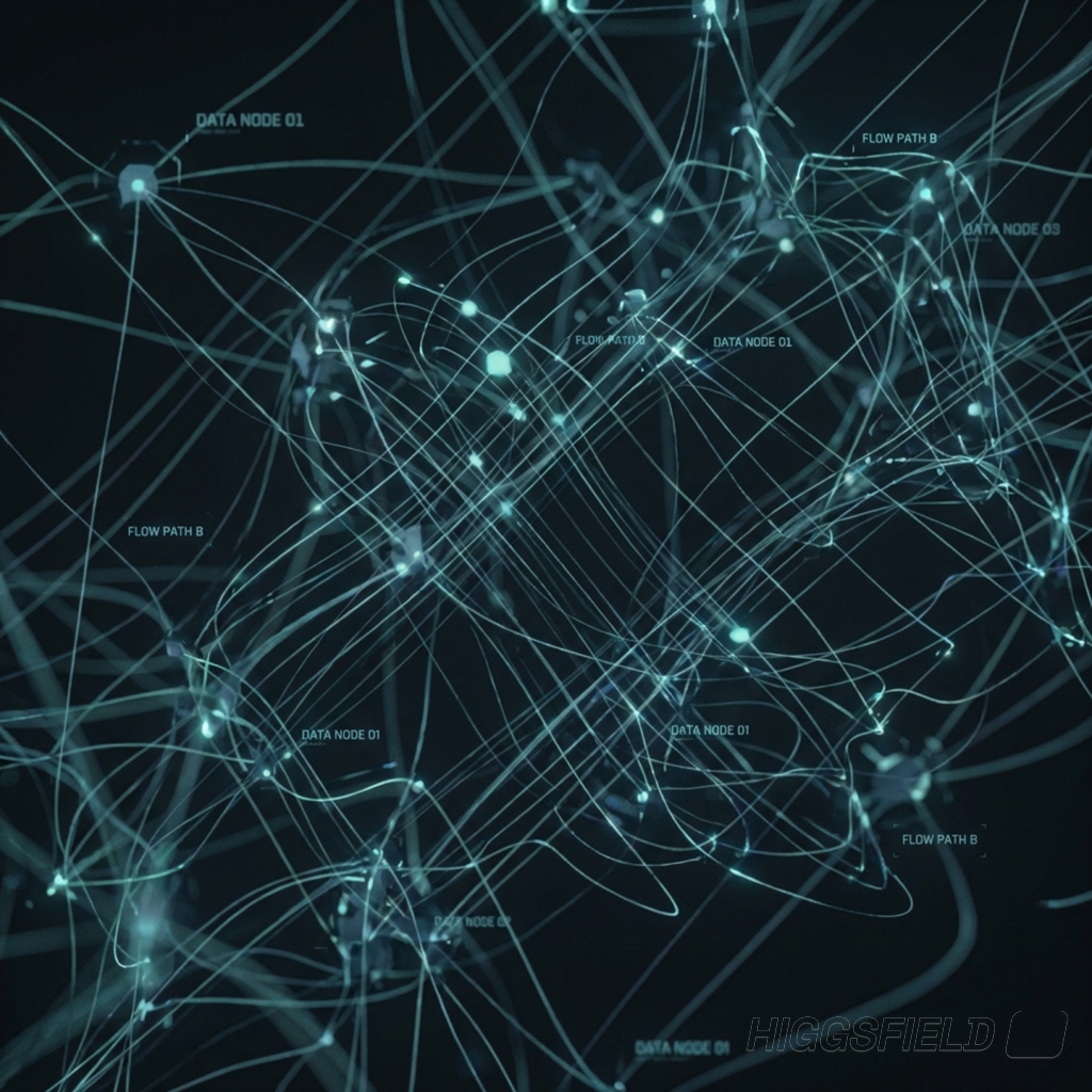 Abstract network of glowing nodes and connections representing political and societal system dynamics